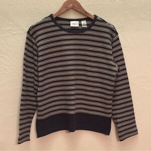 Liz Claiborne Navy and Beige Striped Crew Neck Sweater